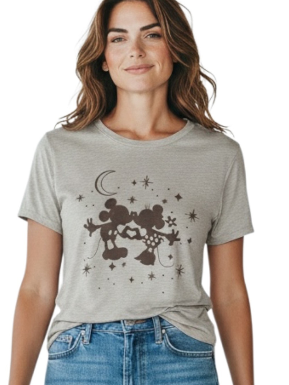 Disney Gray Short Sleeve Tee with Brown Mickey & Minnie Silhouette